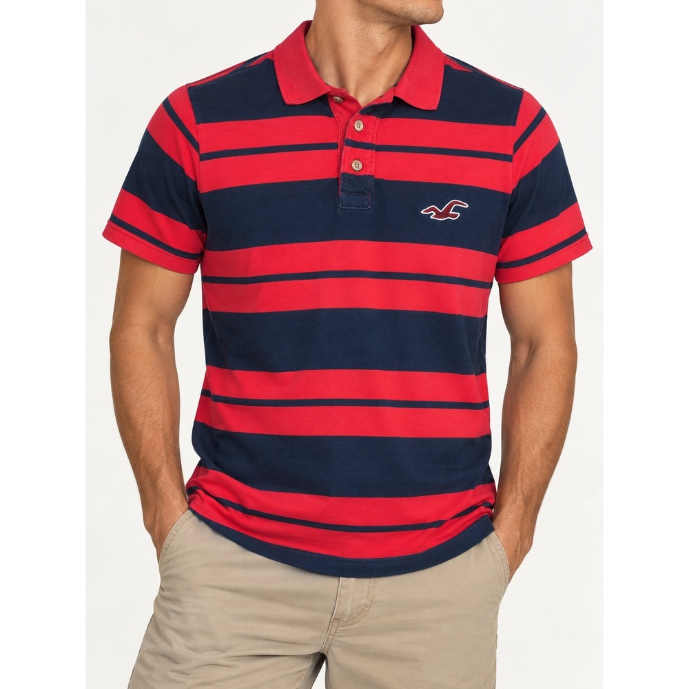 Hollister Mens Polo Shirt M Navy Blue Red Striped Short Sleeve Cotton Logo Top